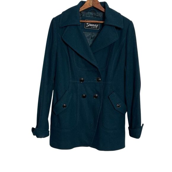 Guess Long Sleeve Lined Wool Blend Double Breasted Y2K Peacoat Jacket Teal Small - Picture 1 of 10